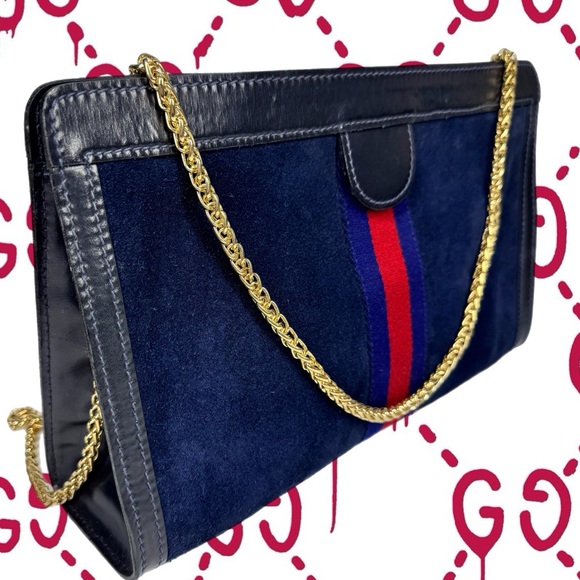 Gucci Handbags - Gucci Vintage large Clutch crossbody bag Handbag Suede Leather navy blue